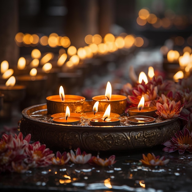 Brandende kaarsen met lotusbloemen in de tempel selectieve focus
