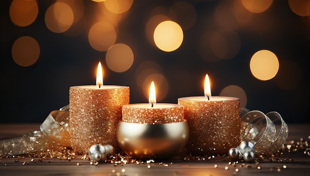 Brandende kaarsen op houten tafel tegen wazig feestelijke lichten close-up