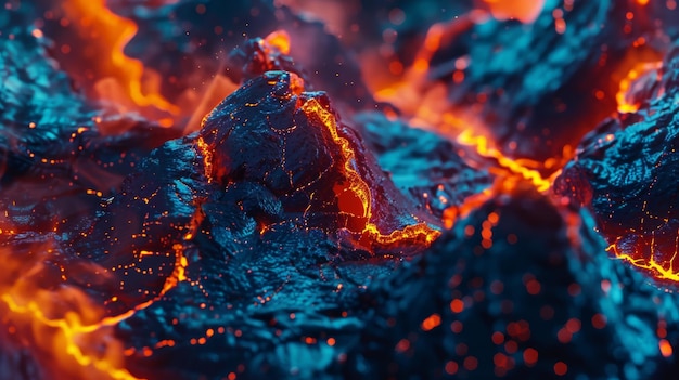 Brandende lava op een achtergrond van blauwe en oranje vlammen