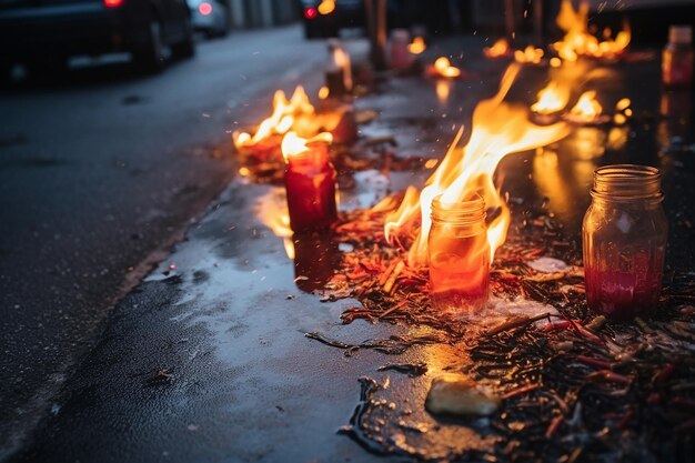 Brandende Molotovcocktails op de grond