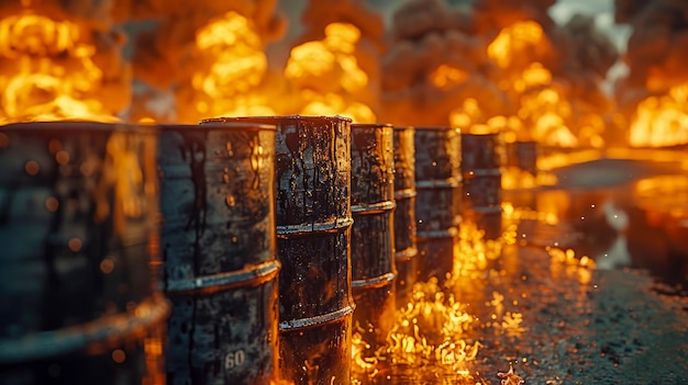 Brandende olievaten in een fabriek close-up Industriële achtergrond