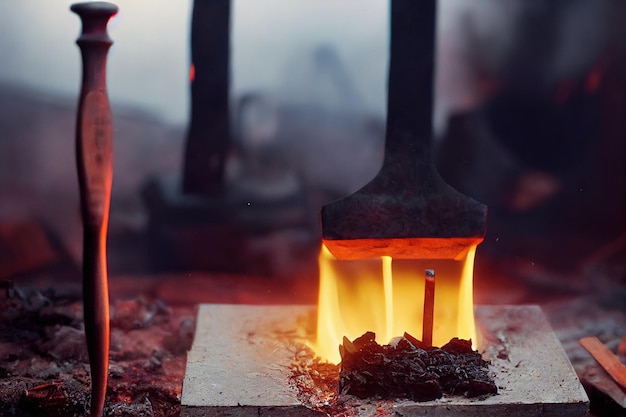 Brandende oven in smederij met gesmolten metaal voor het maken van producten op aambeeld
