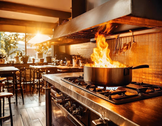 Brandende pan in de keuken.