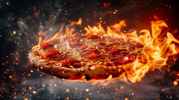 Brandende pizza op zwarte achtergrond Generatieve AI