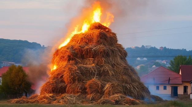 Brandende stapel hooi in het dorp