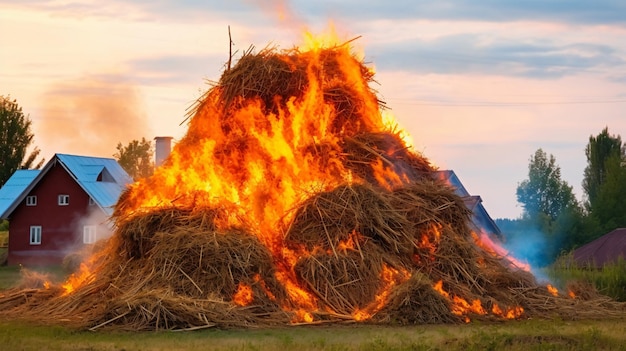 Brandende stapel hooi in het dorp