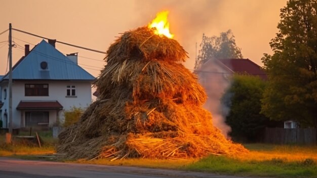 Brandende stapel hooi in het dorp