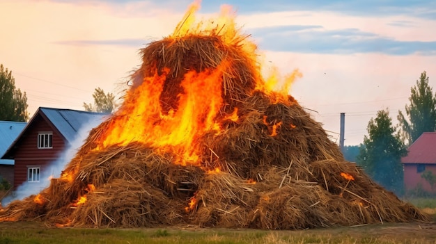 Brandende stapel hooi in het dorp