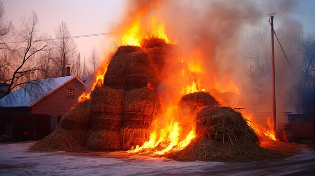 Brandende stapel hooi in het dorp