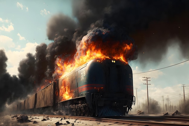 Brandende treinwagon in brand ongeval op treinemplacement neuraal netwerk gegenereerde kunst