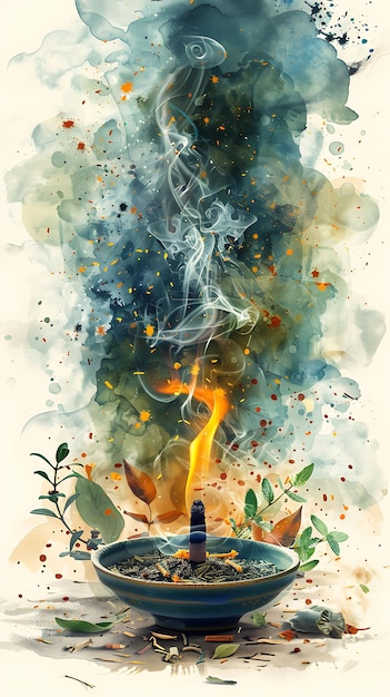 Brandende wierook met textuur van aromatische kruiden kruiden collage illustratie trending achtergrond decor