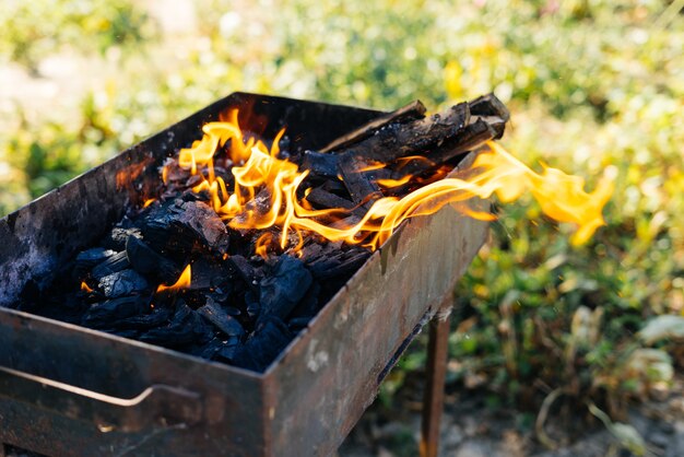 Brandhout brandt in een barbecue op de achtergrond van de natuur