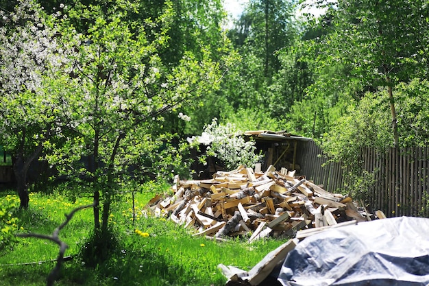 Brandhout in een pallet Gehakt brandhout ligt op de grond Houten achtergrond