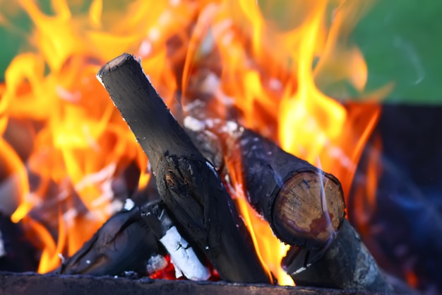 Brandhout verbranden in een vuurpot buiten