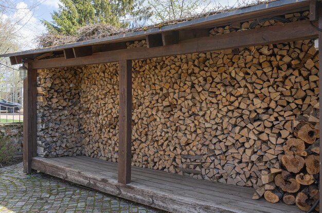 Brandhout voor het huis Brandstofvoorbereiding voor de winter gestapeld droog gehakt brandhout