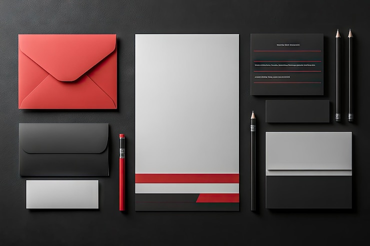 Foto branding mockup met rode en zwarte accenten