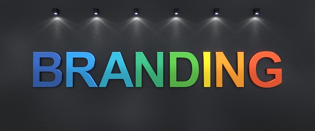 Branding written on black grunge wall with colorful 3d letters