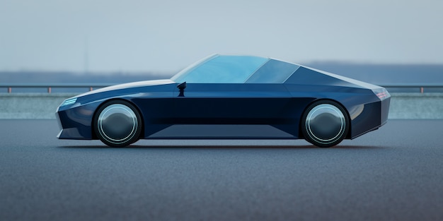 Brandless Electric EV concept car on asphalt road. 3d rendering with my own creative design.