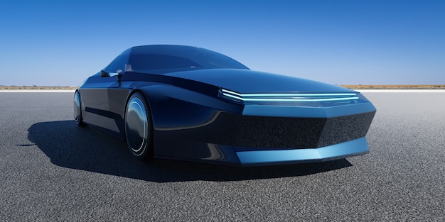 Brandless Electric EV concept car on asphalt road. 3d rendering with my own creative design.