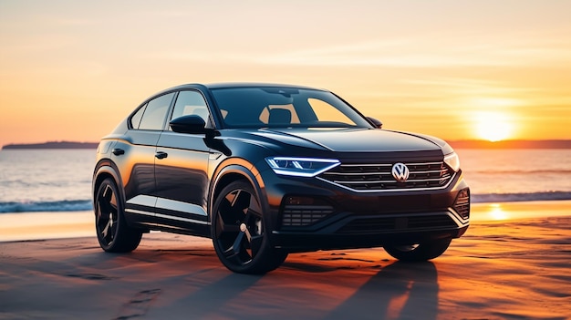 a brandless generic SUV car on the beach at sunset