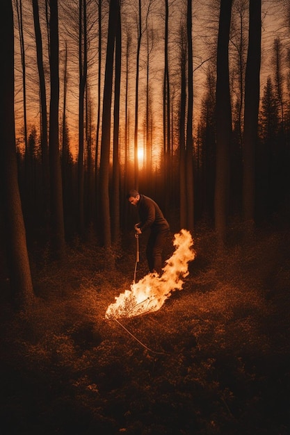 Brandstichters die het bos in brand steken bij zonsondergang rook en vuur worden groter en hoger