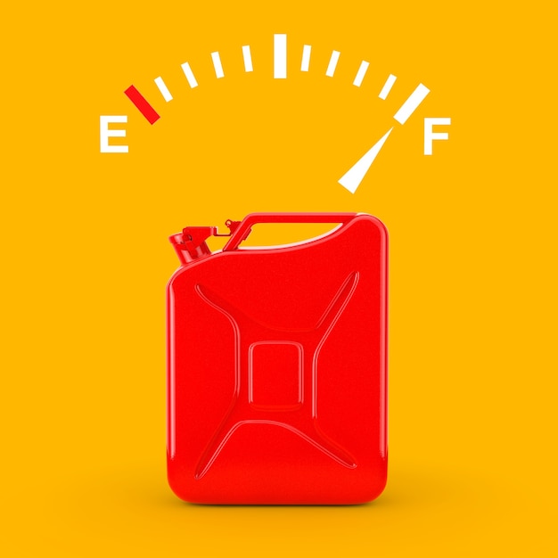 Brandstofdashboardmeterbord met een volle tank in de buurt van rode metalen jerrycan op een gele achtergrond. 3d-rendering