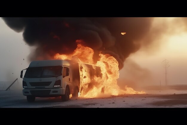 Brandstofvervoerder in vlammen Vrachtwagen in brand op de weg Neuraal netwerk AI gegenereerde kunst