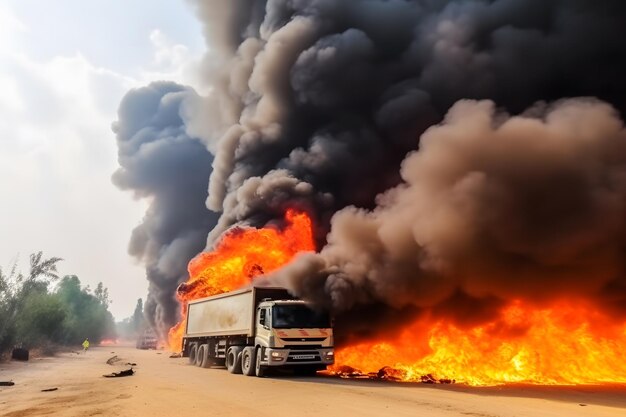 Brandstofvervoerder in vlammen Vrachtwagen in brand op de weg Neuraal netwerk AI gegenereerde kunst