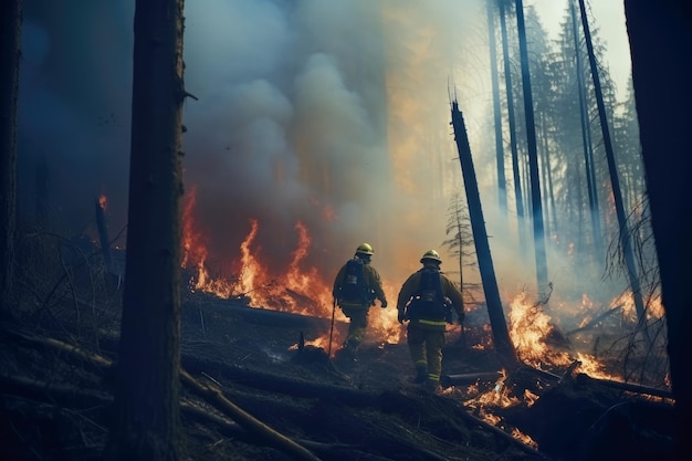 Brandweerlieden bestrijden de brand bosbrand