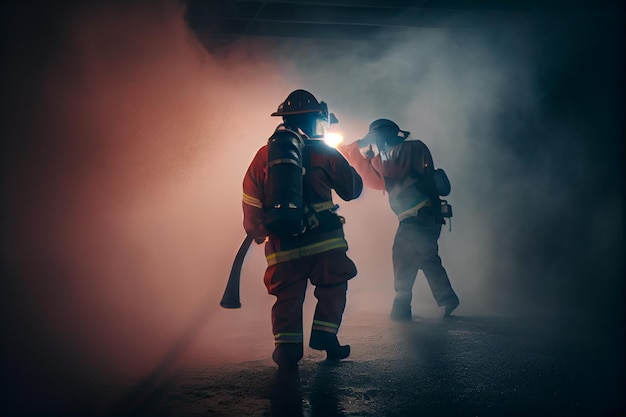 Brandweerlieden bestrijden een brand in een donkere kamer met rook en vlammen genererende ai