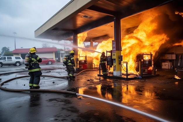 Brandweerlieden blussen een brand bij een tankstation AI Generated