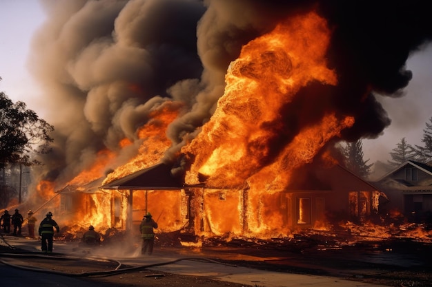 Brandweerlieden blussen een brand in een huis tijdens een brand Amerikaanse huizen in brand en brandweerlieden proberen de brand te stoppen AI gegenereerd