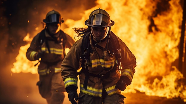 Brandweerlieden die met vuur rennen in het achtergrondveiligheids- en rampenbeheerconcept