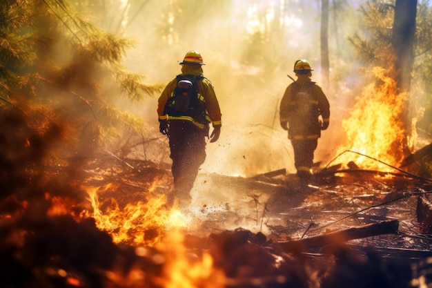 Brandweerlieden in het bos dat in vlammen is gehuld, blussen een bosbrand die de confrontatie aangaat met de gevaarlijke ecologische noodsituatie en de langdurige ecologische gevolgen ervan verzachten