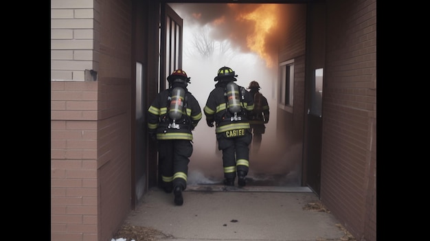 Brandweerlieden lopen door een gebouw dat gesloten is.