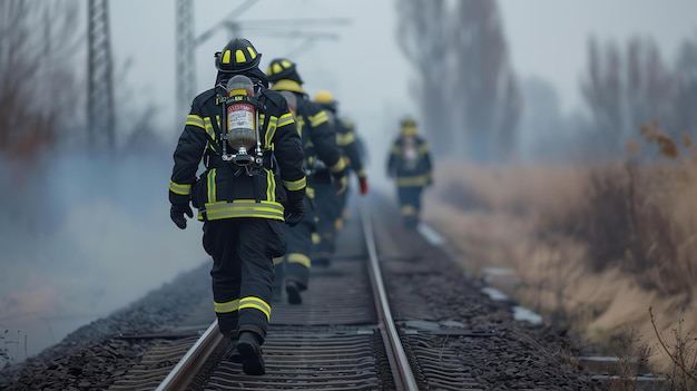 Brandweerlieden lopen weg van een brand op een spoorlijn.
