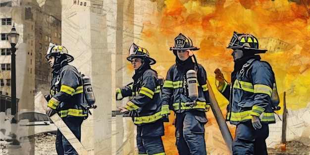 Brandweerlieden met apparatuur Hedendaagse kunstcollage Prachtige illustratie foto Generatieve AI