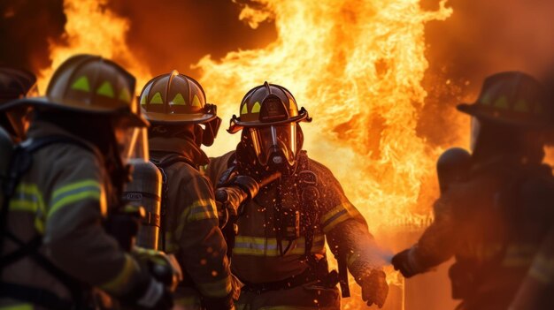 Brandweerlieden met pak en veiligheidshelm vechten met het vuur