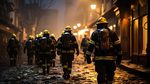 Foto brandweerlieden rennen naar de locatie van de brand.