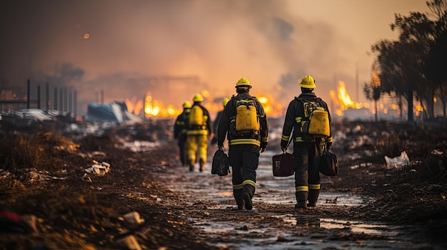 brandweerlieden rennen naar de locatie van de brand.