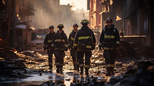 Foto brandweerlieden staan voor een gebouw dat door brand is verwoest