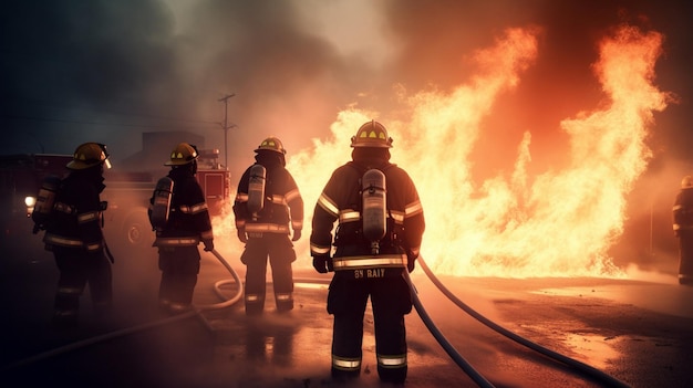 Brandweerlieden voor een brand met slangen