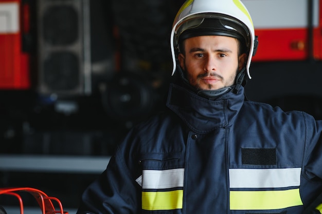 Brandweerman brandweerman in actie staande in de buurt van een brandweerwagen Noodveiligheid Bescherming redding uit gevaar