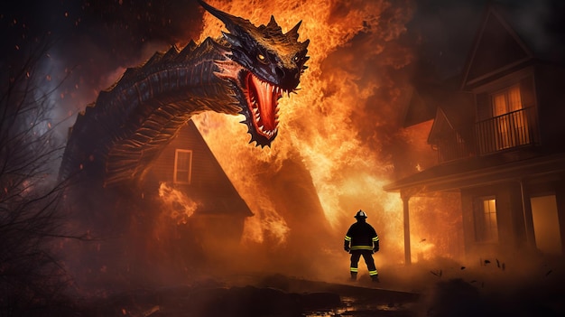 Brandweerman confronteert moedig de sinistere vuurdraak te midden van huisbrand die heldhaftige strijd symboliseert