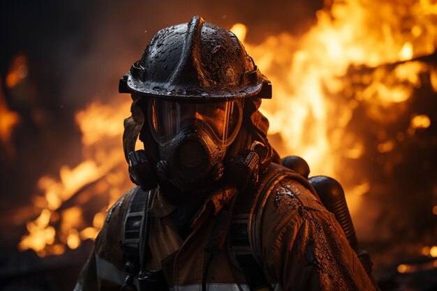 Brandweerman die beschermende pakken draagt en probeert een brandend huis te stoppen