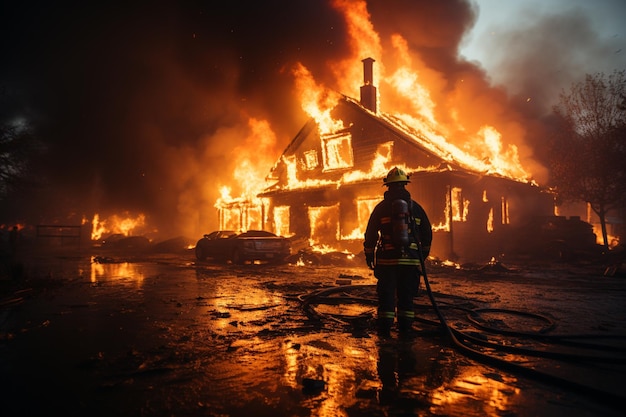 Brandweerman die beschermende pakken draagt en probeert een brandend huis te stoppen