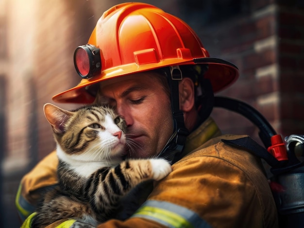 Brandweerman die een bang dier vasthoudt om hem te redden van vuur en rook Brandweermannen redden de kat uit het vuur