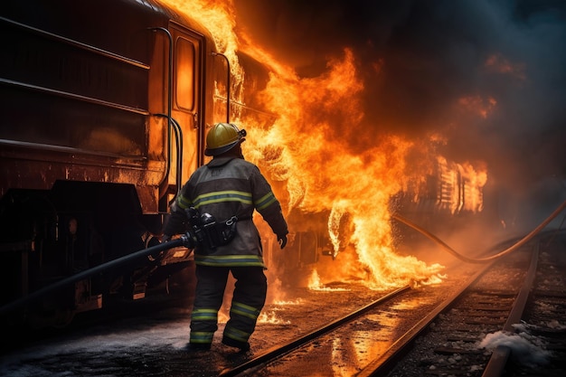 Brandweerman die een brand in een treinstation blust met rook en vlammen brandweerman die water en een brandblusser gebruikt om brand te bestrijden vlam in een vliegtuigongeluk AI gegenereerd