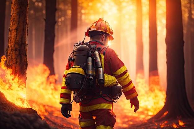 Brandweerman die een brandweerpak draagt voor brandveiligheid in het bos