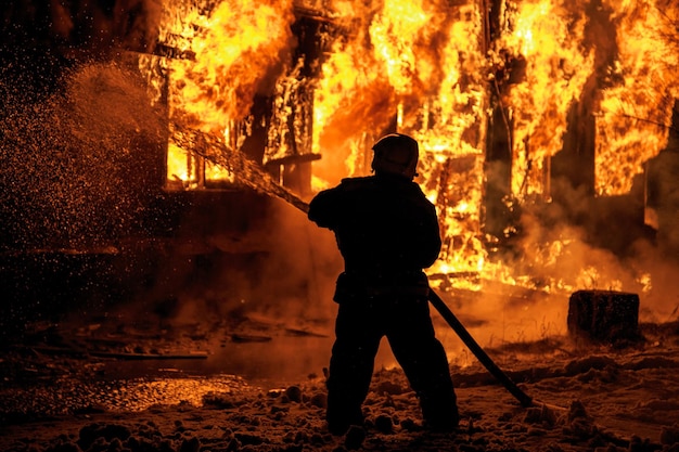 Brandweerman die's nachts water spuit op een brandend vuur